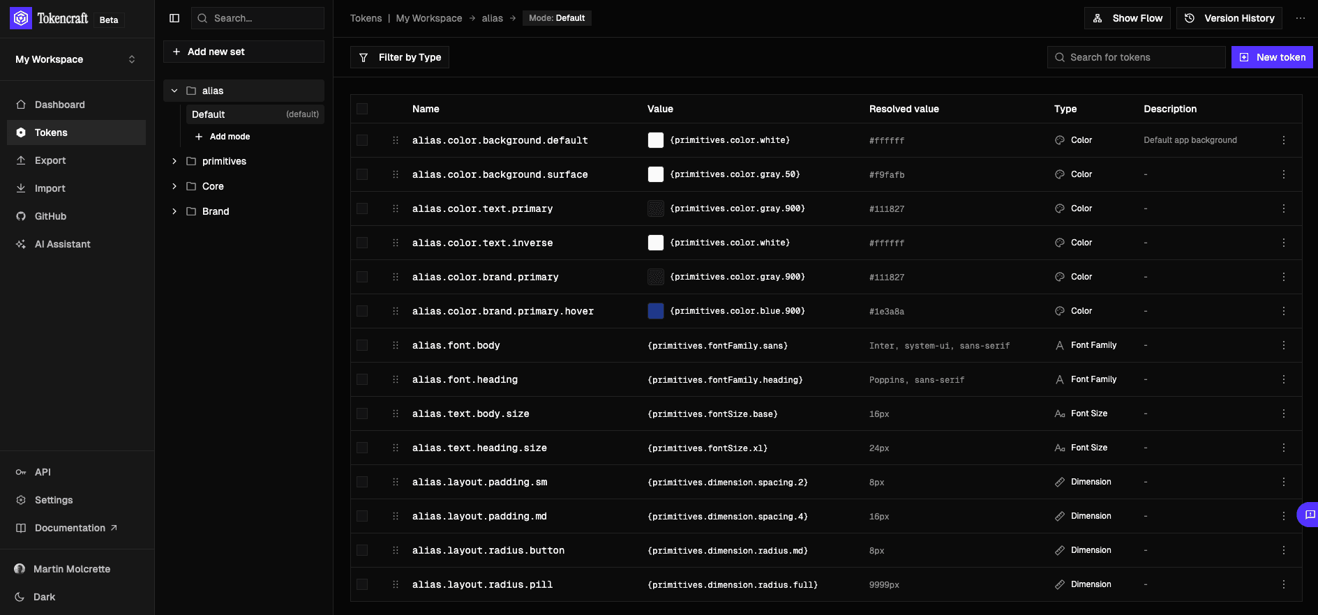 Tokencraft Dashboard showing design tokens management interface with workspace, tokensets, and export options